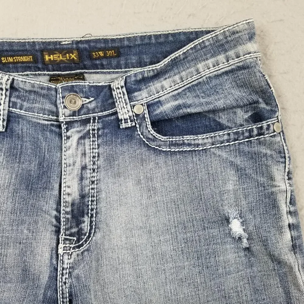 Helix Slim Straight Jeans Mens 33x30 Blue Medium Wash‎ Distressed Denim Pants